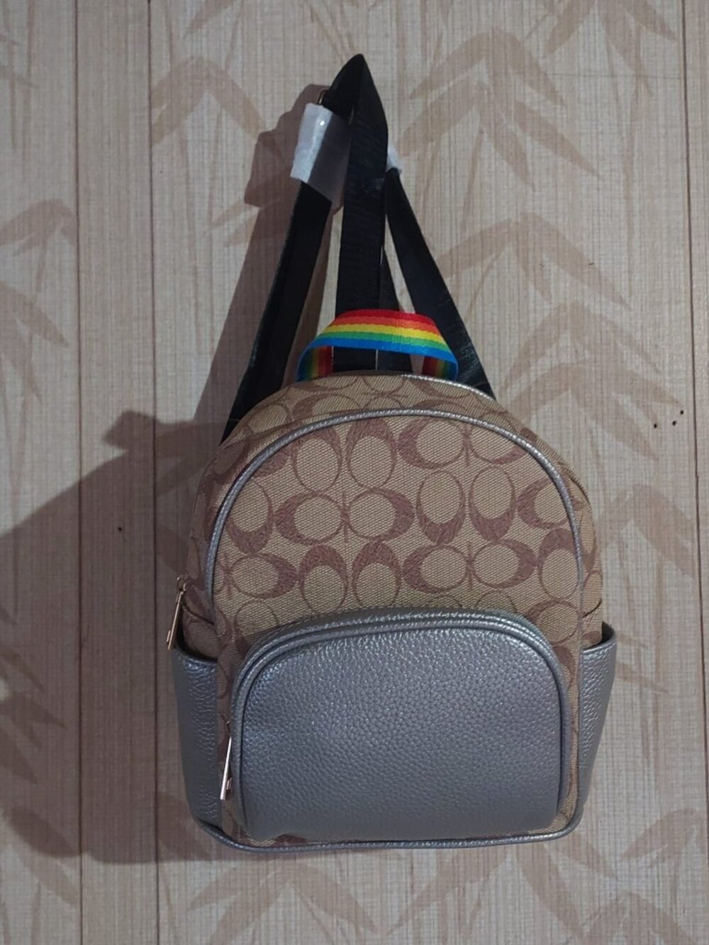 NWT Gray Vegan Leather Bucket Bag with Rainbow Strap